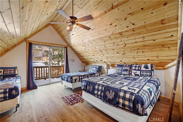 bedroom with access to outside, vaulted ceiling, hardwood / wood-style floors, ceiling fan, and wooden ceiling