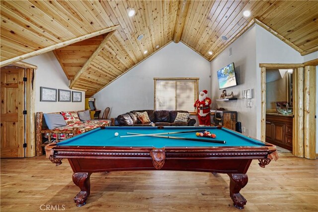 game room featuring pool table, light wood-type flooring, and wood ceiling