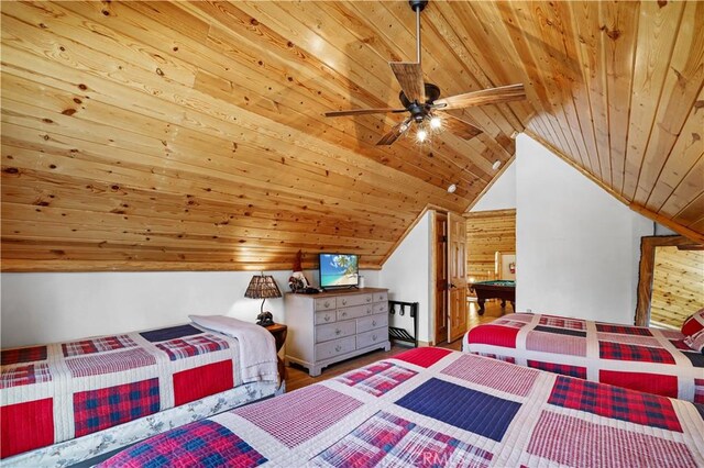 bedroom featuring ceiling fan, vaulted ceiling, and wooden ceiling