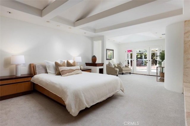 bedroom featuring recessed lighting, light carpet, access to outside, french doors, and beamed ceiling