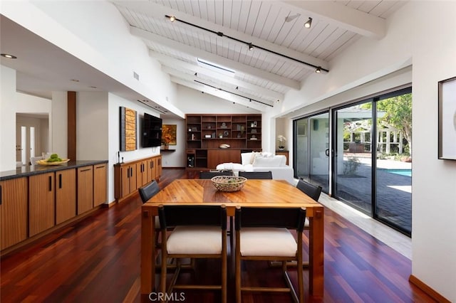 dining room with vaulted ceiling with beams, dark wood-type flooring, visible vents, wood ceiling, and track lighting