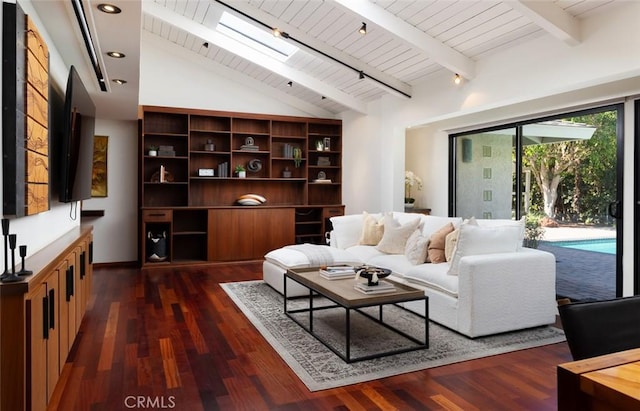 living room featuring wood ceiling, vaulted ceiling with skylight, and dark wood-type flooring