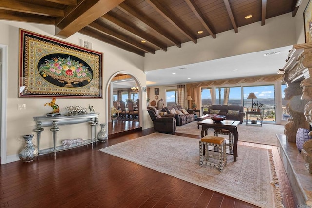 living room with lofted ceiling with beams, wood ceiling, and dark wood-type flooring