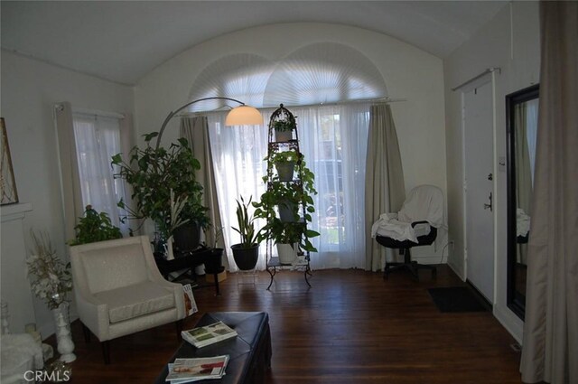 sitting room with vaulted ceiling and dark wood-type flooring