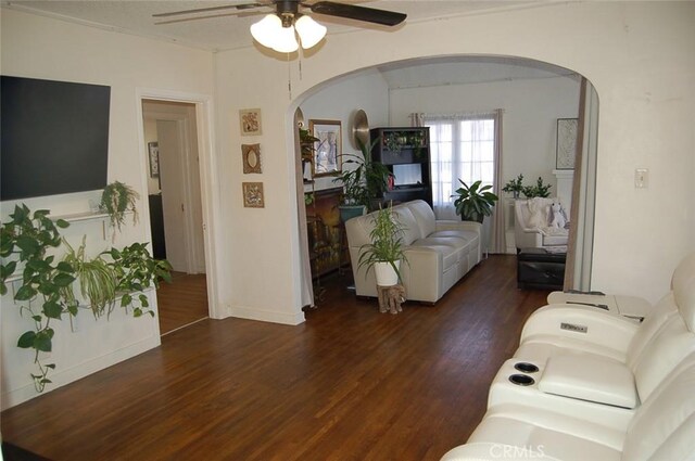 living room with ceiling fan and dark hardwood / wood-style flooring