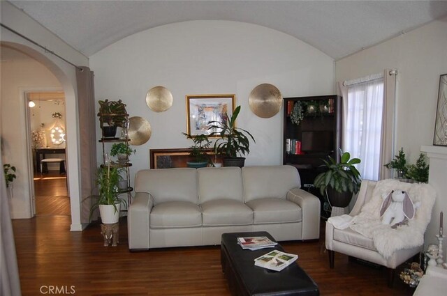 living room with vaulted ceiling and dark wood-type flooring