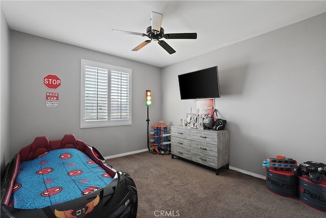 carpeted bedroom with ceiling fan