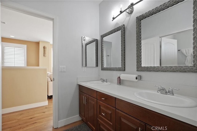 bathroom with hardwood / wood-style floors and vanity