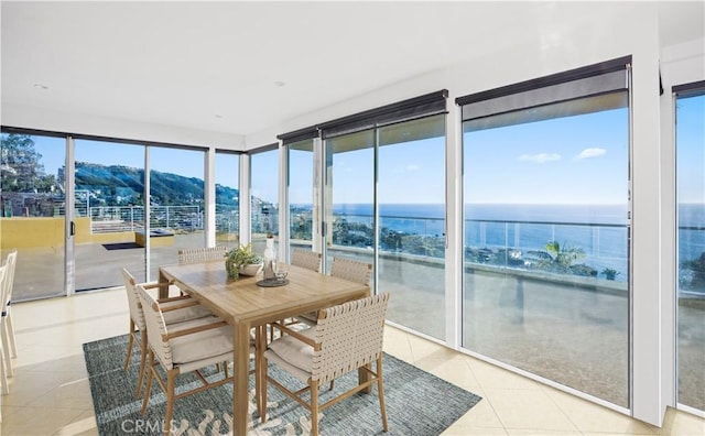 sunroom featuring a wealth of natural light and a water and mountain view