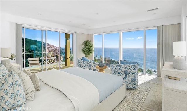 bedroom featuring a water view