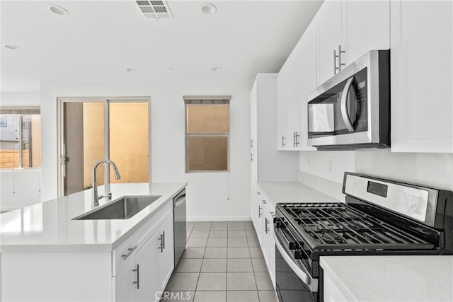 kitchen with visible vents, a sink, light countertops, stainless steel appliances, and white cabinetry