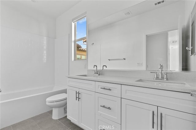 full bathroom featuring a sink, toilet, double vanity, and visible vents