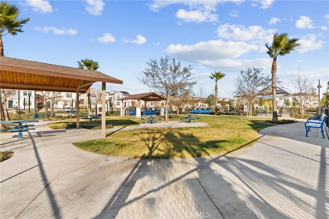 view of community featuring a lawn and a gazebo