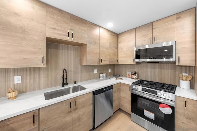 kitchen featuring sink, light hardwood / wood-style floors, and appliances with stainless steel finishes