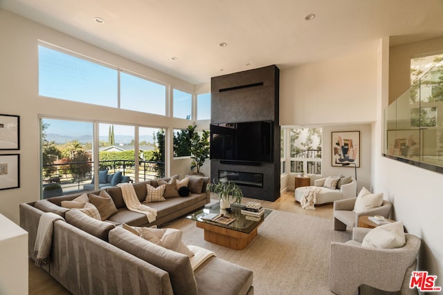 living room featuring a towering ceiling, a fireplace, and light hardwood / wood-style floors