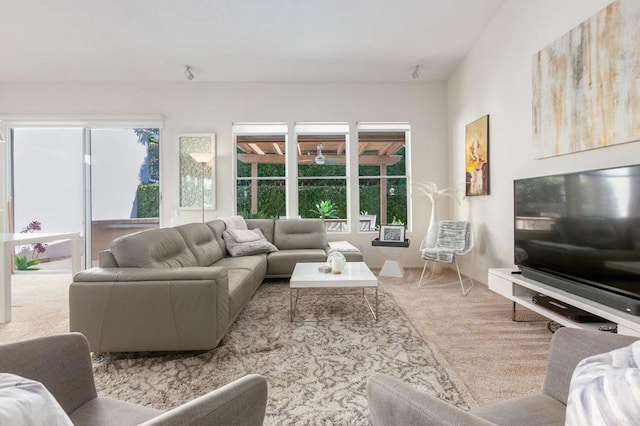 living room with light colored carpet and plenty of natural light