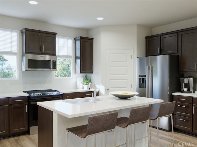 kitchen featuring stainless steel appliances, light hardwood / wood-style floors, decorative backsplash, a center island with sink, and a breakfast bar