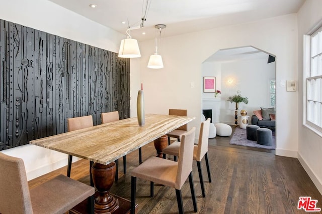 dining space with dark hardwood / wood-style flooring and a wealth of natural light