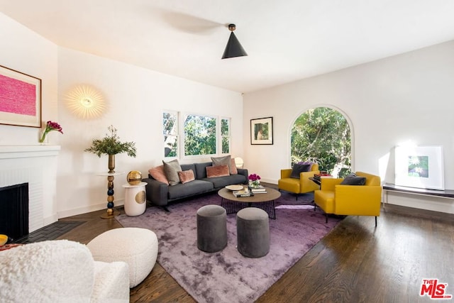 living room with dark hardwood / wood-style flooring and a fireplace