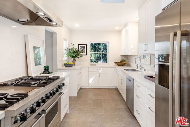 kitchen with exhaust hood, appliances with stainless steel finishes, white cabinetry, and sink