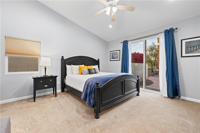 carpeted bedroom featuring ceiling fan, access to outside, and lofted ceiling