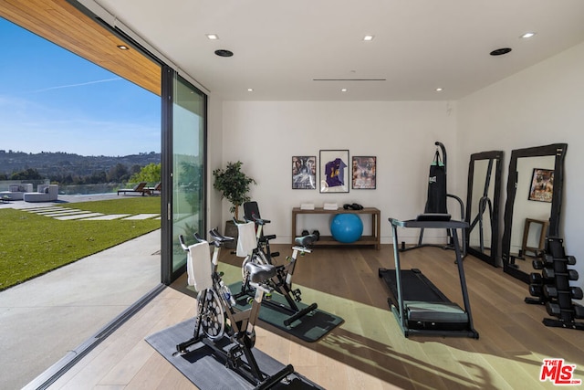 exercise area featuring light hardwood / wood-style floors, golf simulator, and expansive windows