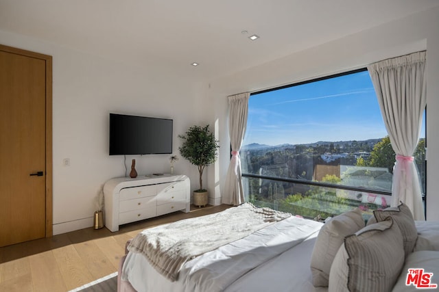 bedroom featuring light hardwood / wood-style floors and multiple windows