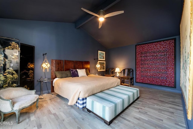 bedroom with vaulted ceiling with beams, a ceiling fan, and wood finished floors