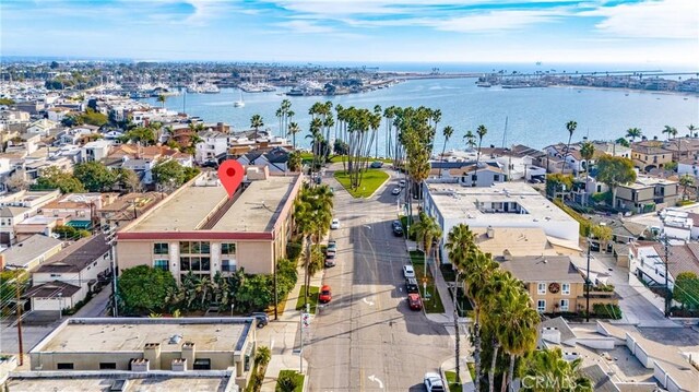 drone / aerial view featuring a water view