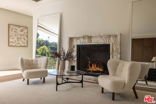 sitting room with a fireplace