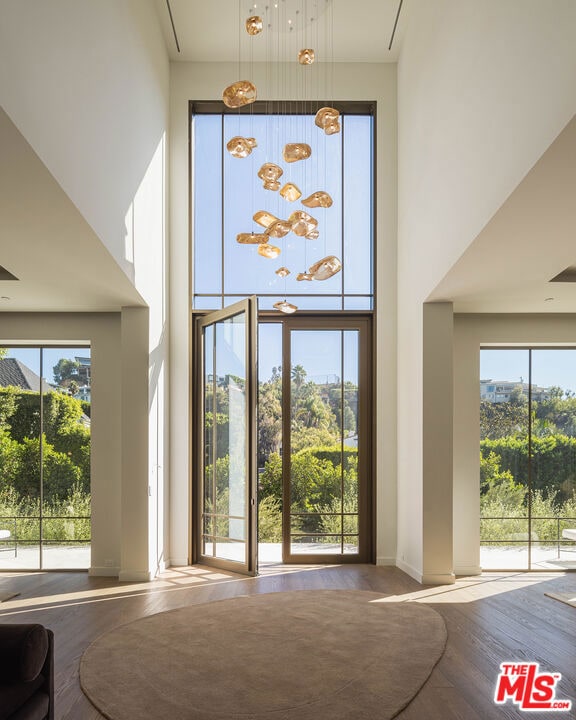 interior space featuring a high ceiling, hardwood / wood-style flooring, and a healthy amount of sunlight