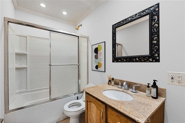 full bathroom featuring toilet, vanity, enclosed tub / shower combo, and ornamental molding