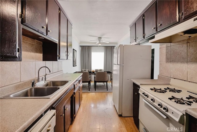 kitchen with ceiling fan, light hardwood / wood-style flooring, tasteful backsplash, and sink