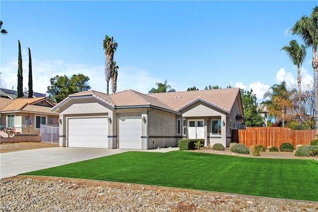 single story home with a garage and a front yard