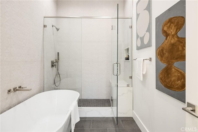 1700 Perkins Ln, Redondo Beach, CA 90278 - bathroom featuring a freestanding bath, a stall shower, and tile patterned flooring