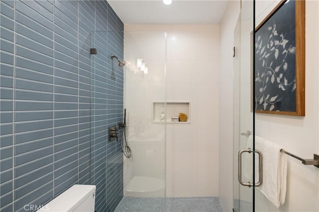 1700 Perkins Ln, Redondo Beach, CA 90278 - full bathroom with a shower stall, tile walls, and recessed lighting