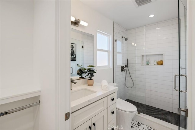 1700 Perkins Ln, Redondo Beach, CA 90278 - bathroom featuring a shower stall, vanity, and recessed lighting