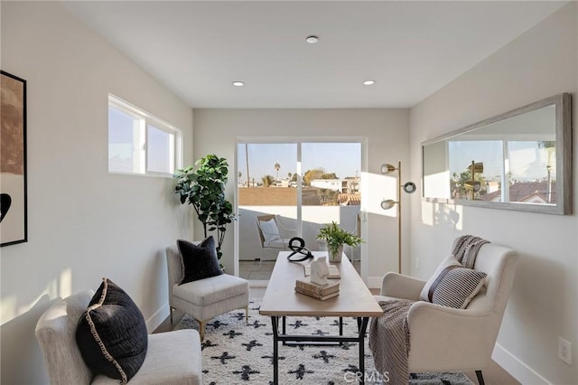 sitting room with a healthy amount of sunlight and hardwood / wood-style flooring