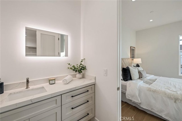 bedroom featuring dark hardwood / wood-style flooring and sink