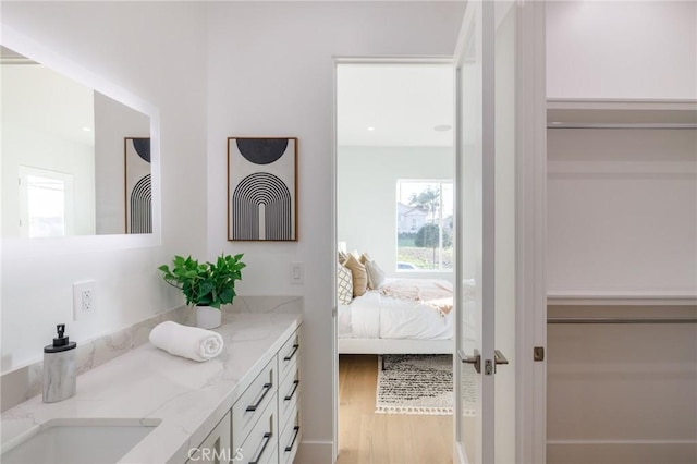 bathroom featuring hardwood / wood-style flooring and vanity