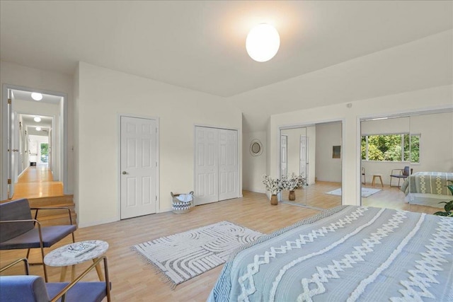 bedroom featuring multiple closets and hardwood / wood-style flooring