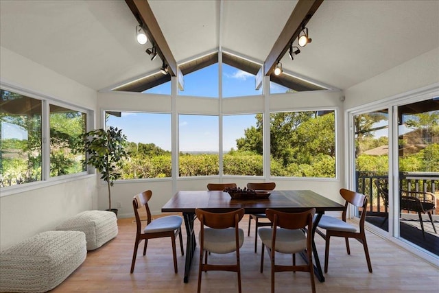 sunroom featuring plenty of natural light, rail lighting, and vaulted ceiling