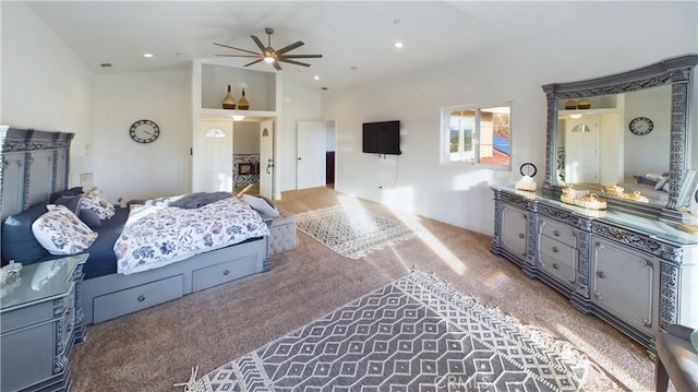 bedroom with recessed lighting, carpet flooring, vaulted ceiling, and visible vents