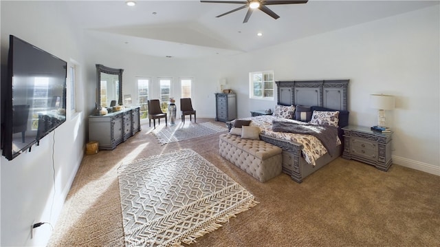 carpeted bedroom featuring high vaulted ceiling, recessed lighting, a ceiling fan, and baseboards