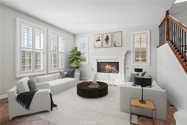 living room featuring light tile patterned flooring