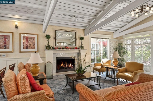 interior space with a high end fireplace and vaulted ceiling with beams