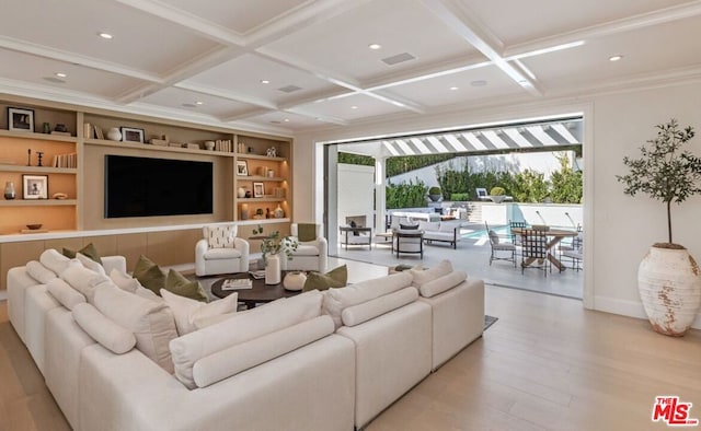 living room with coffered ceiling, crown molding, light hardwood / wood-style flooring, and beam ceiling