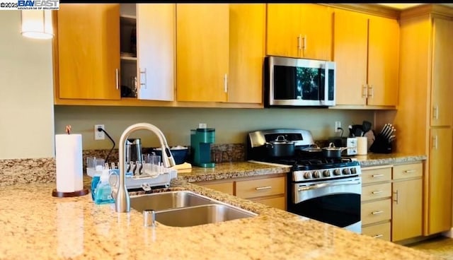 kitchen with light stone countertops, appliances with stainless steel finishes, and sink