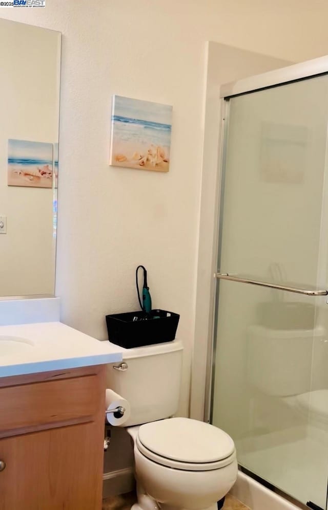 bathroom with toilet, vanity, and walk in shower