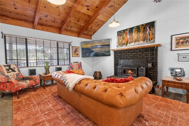 living room with a brick fireplace, high vaulted ceiling, wooden ceiling, and beamed ceiling